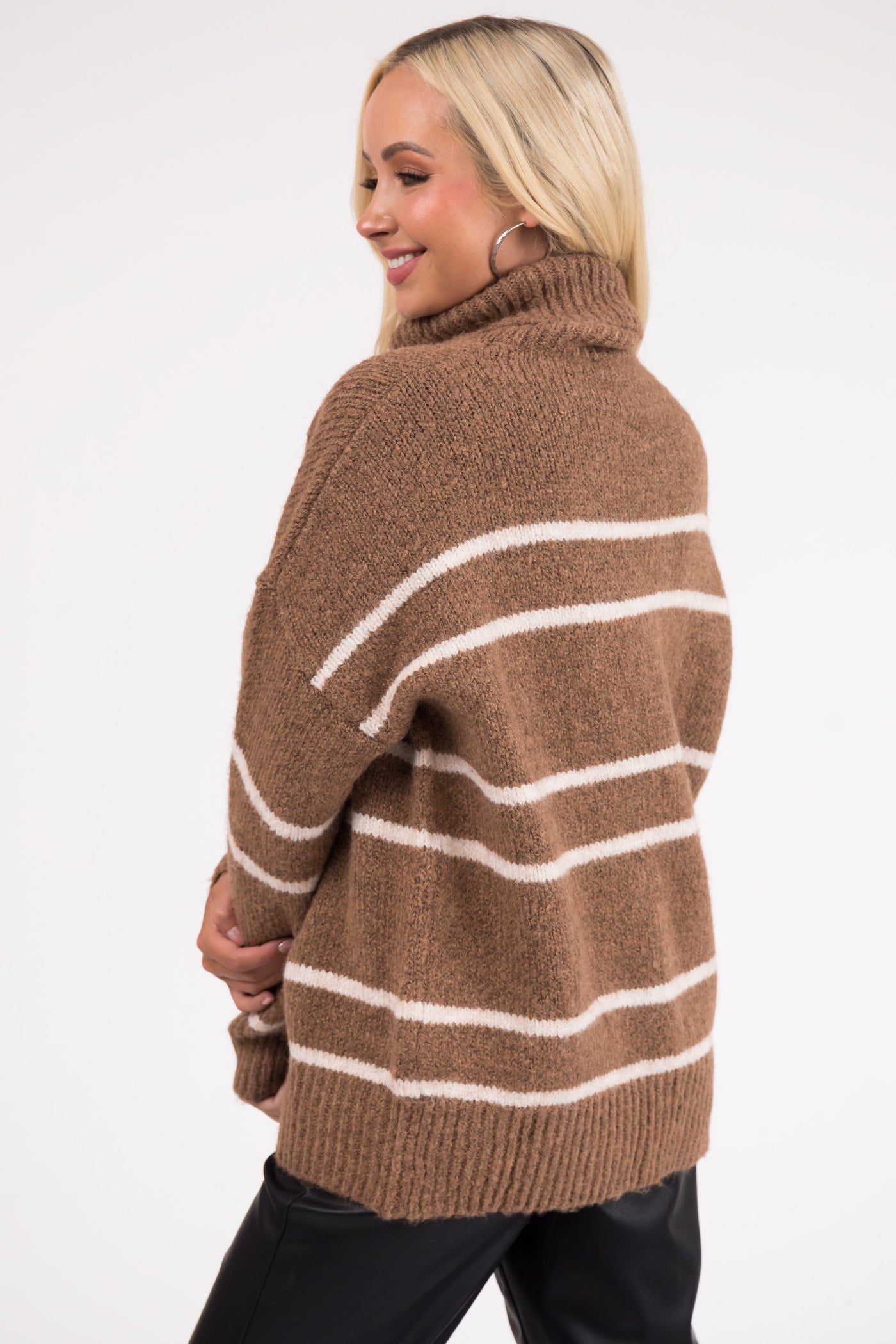Coffee and Ivory Striped Turtleneck Sweater