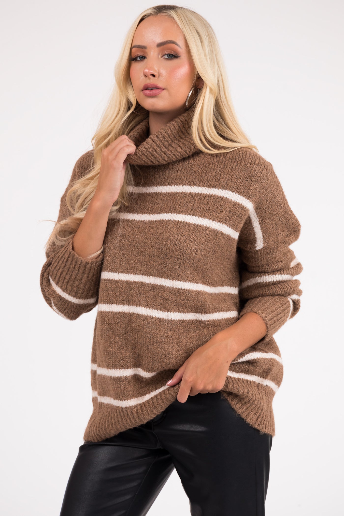 Coffee and Ivory Striped Turtleneck Sweater