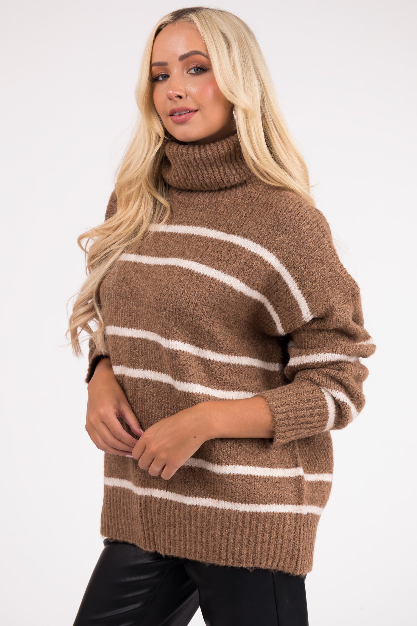 Coffee and Ivory Striped Turtleneck Sweater