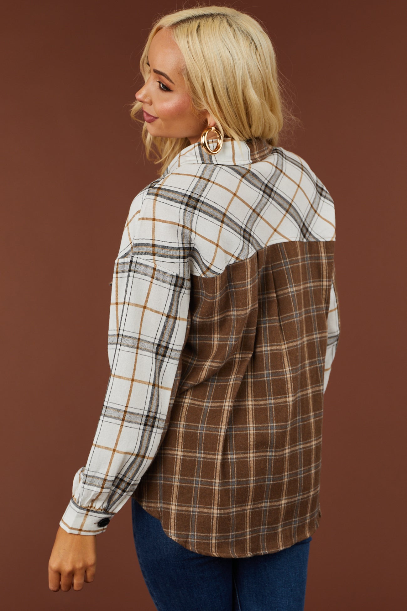 Coffee and Off White Button Up Plaid Shacket