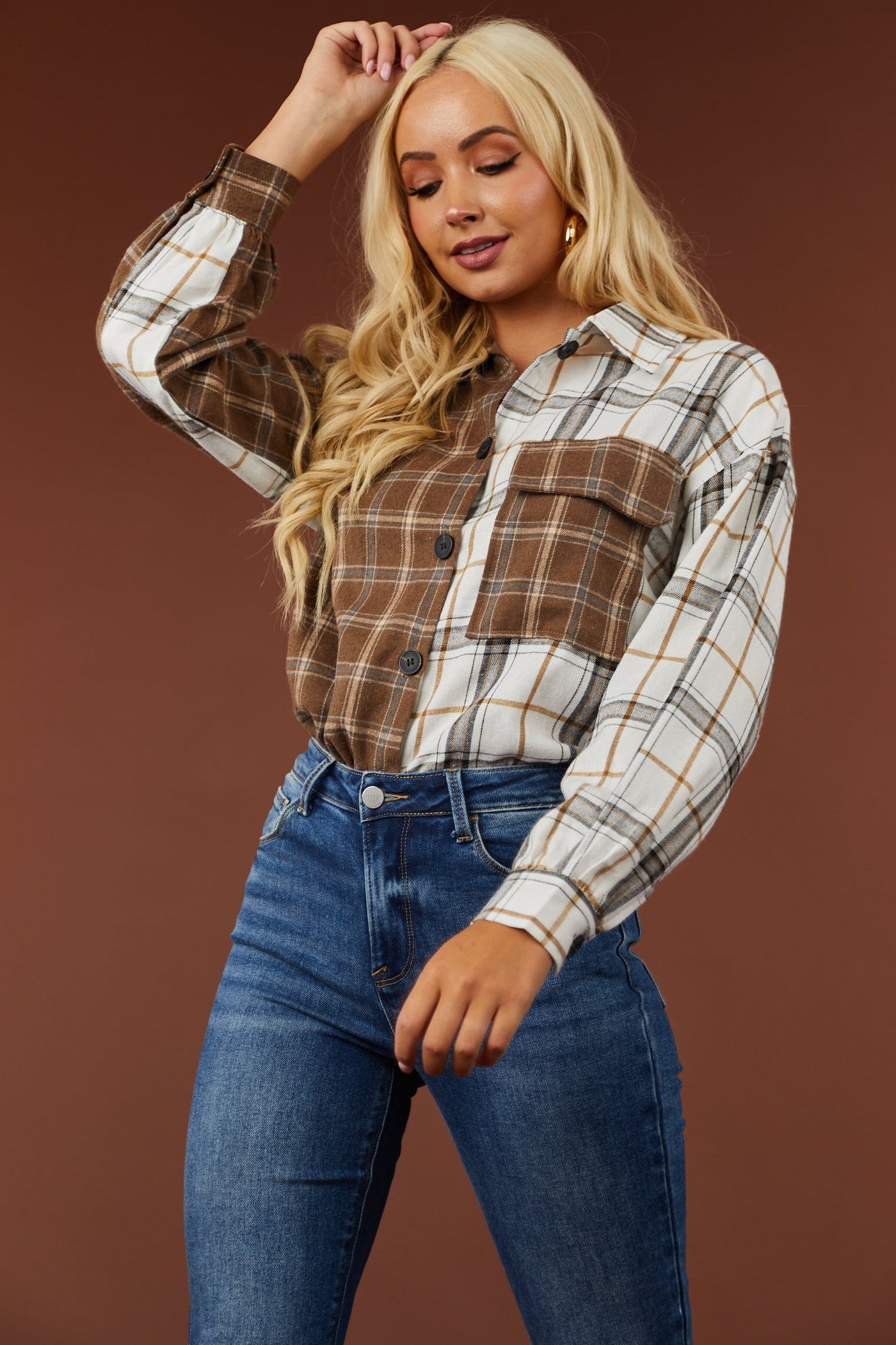 Coffee and Off White Button Up Plaid Shacket