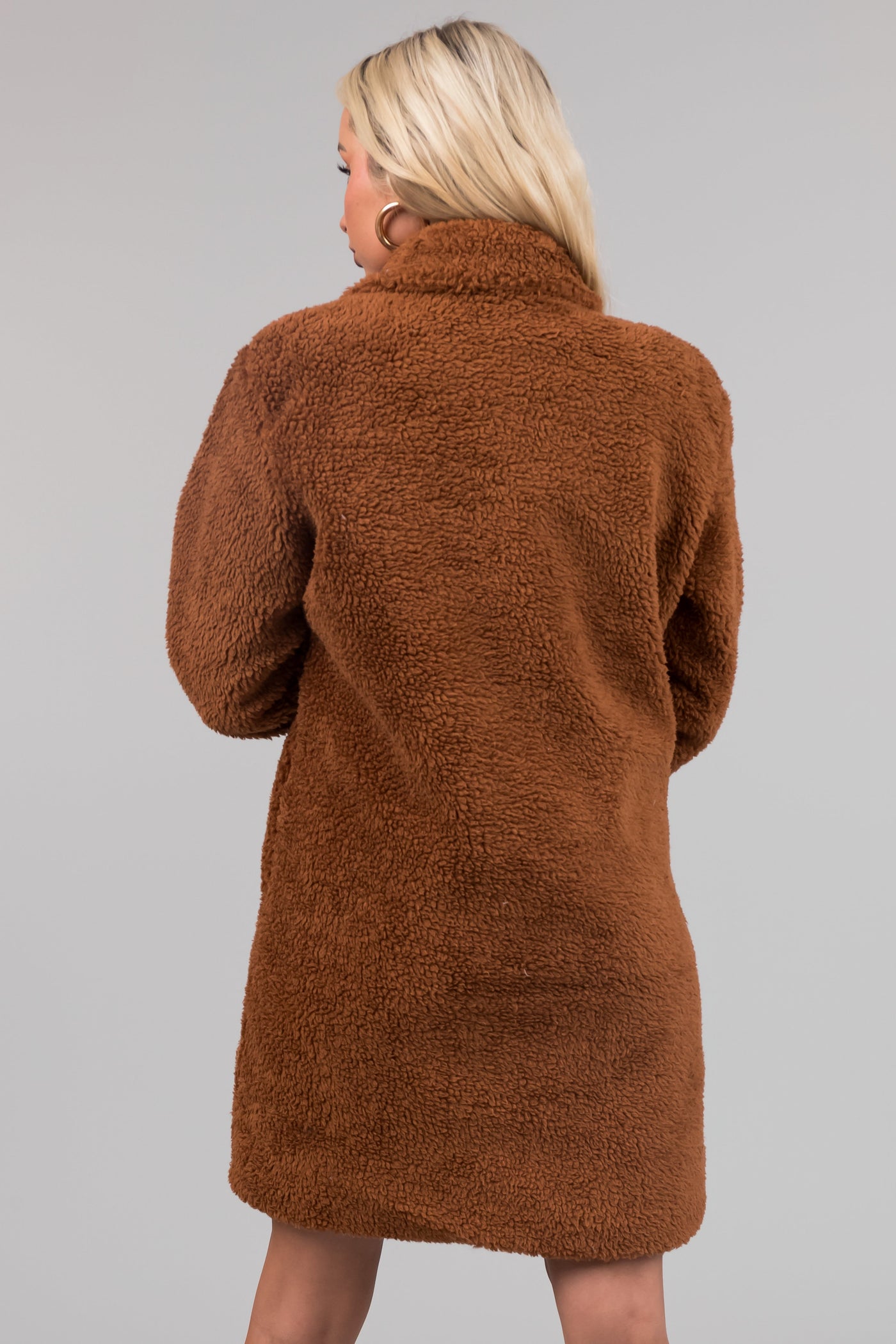 Cognac Open Front Soft Teddy Coat