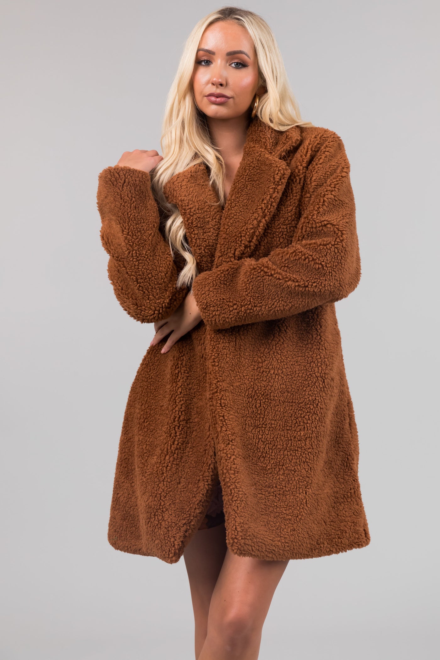 Cognac Open Front Soft Teddy Coat
