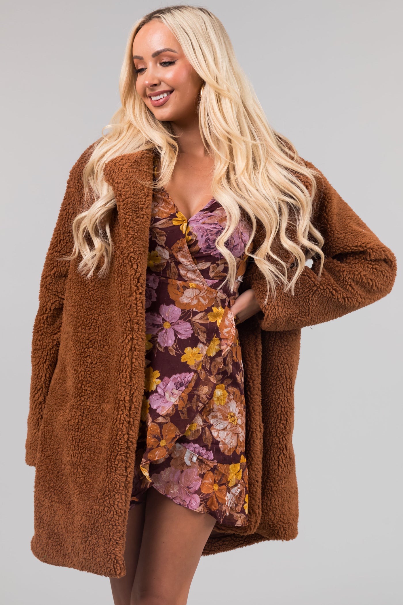 Cognac Open Front Soft Teddy Coat