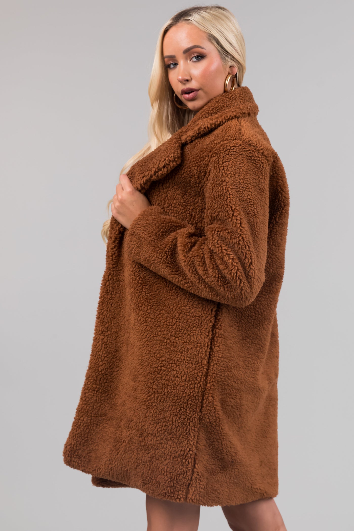 Cognac Open Front Soft Teddy Coat