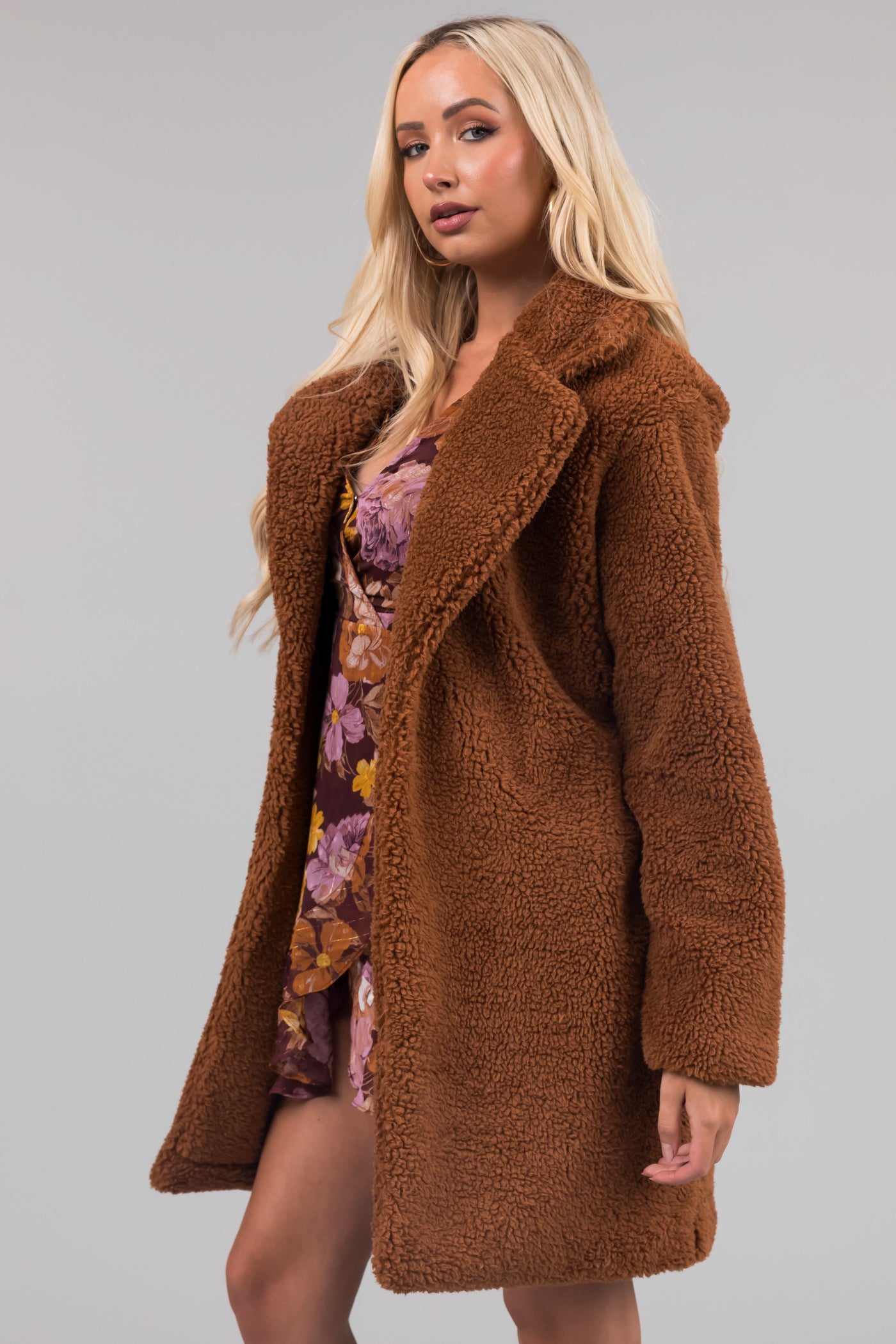 Cognac Open Front Soft Teddy Coat
