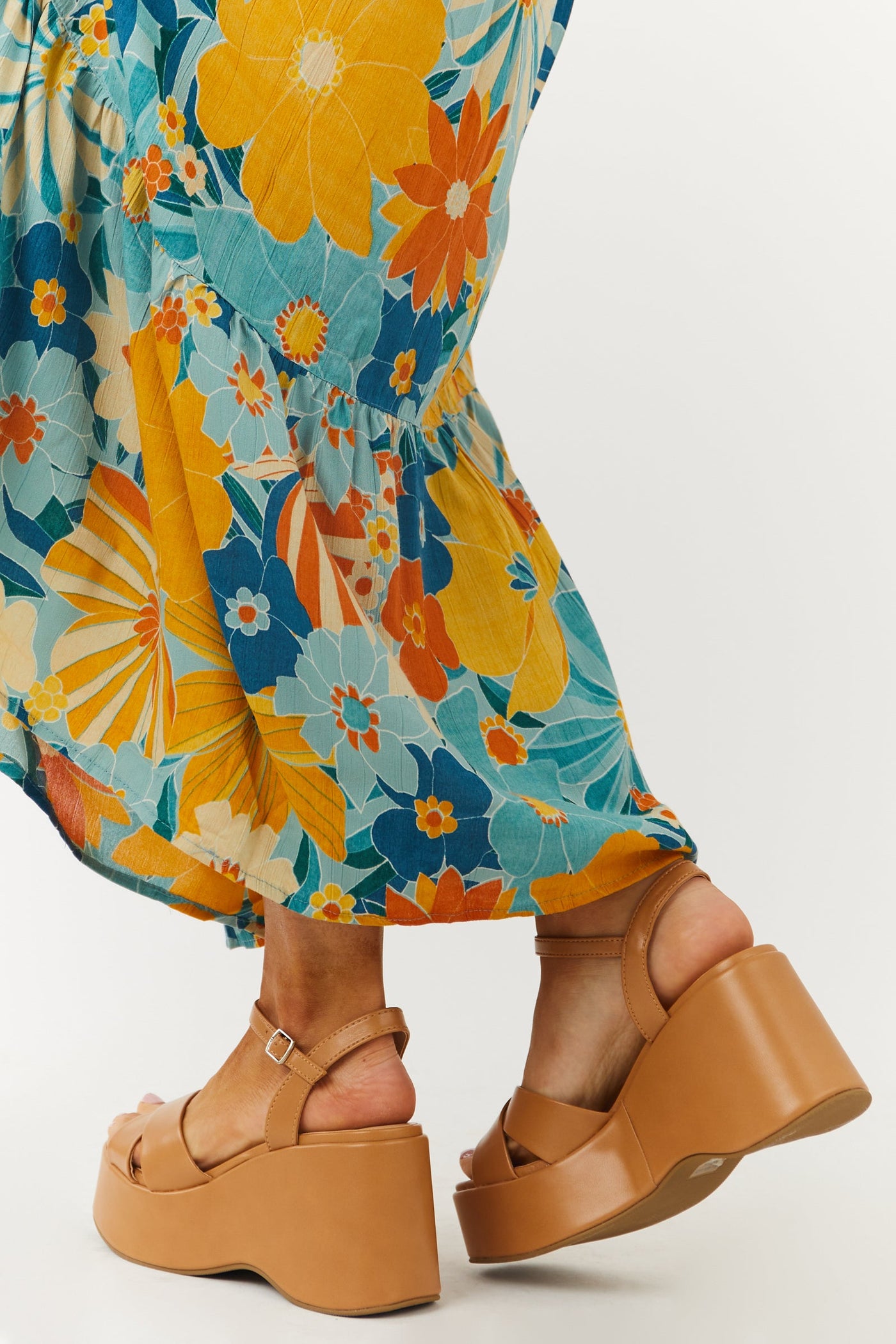 Cognac Cross Strap High Platform Wedges