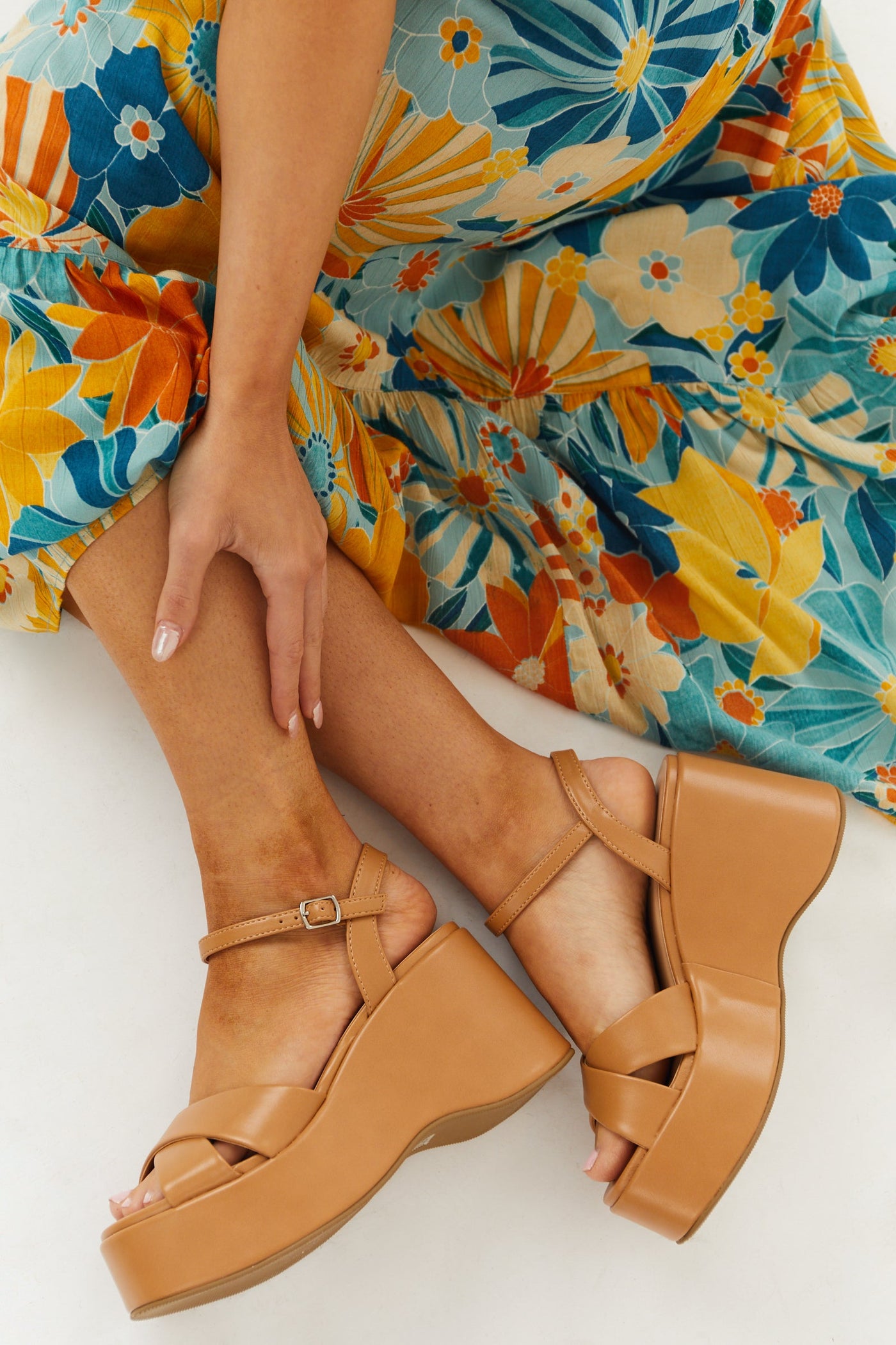 Cognac Cross Strap High Platform Wedges