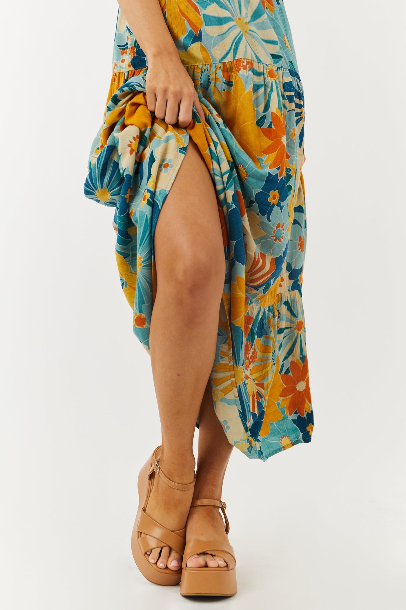 Cognac Cross Strap High Platform Wedges