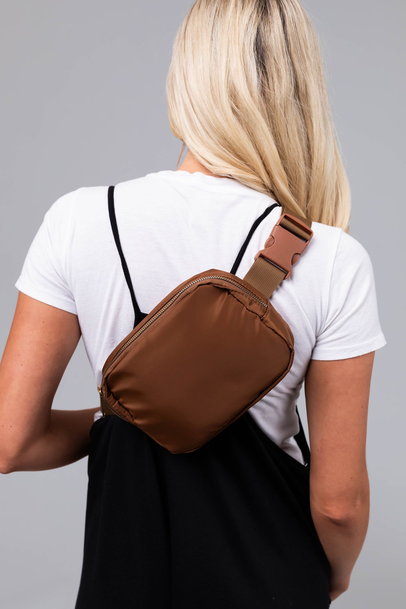 Cognac Shiny Zippered Cross Body Bag