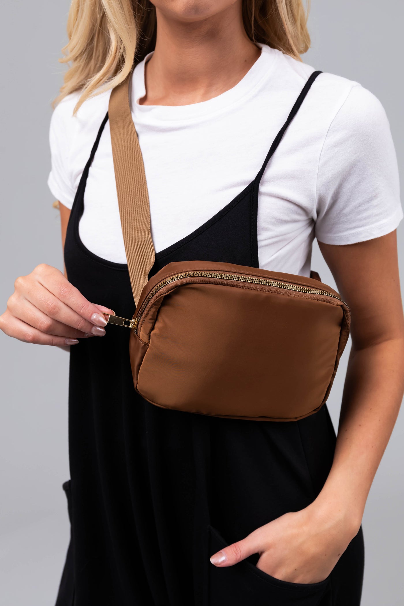 Cognac Shiny Zippered Cross Body Bag