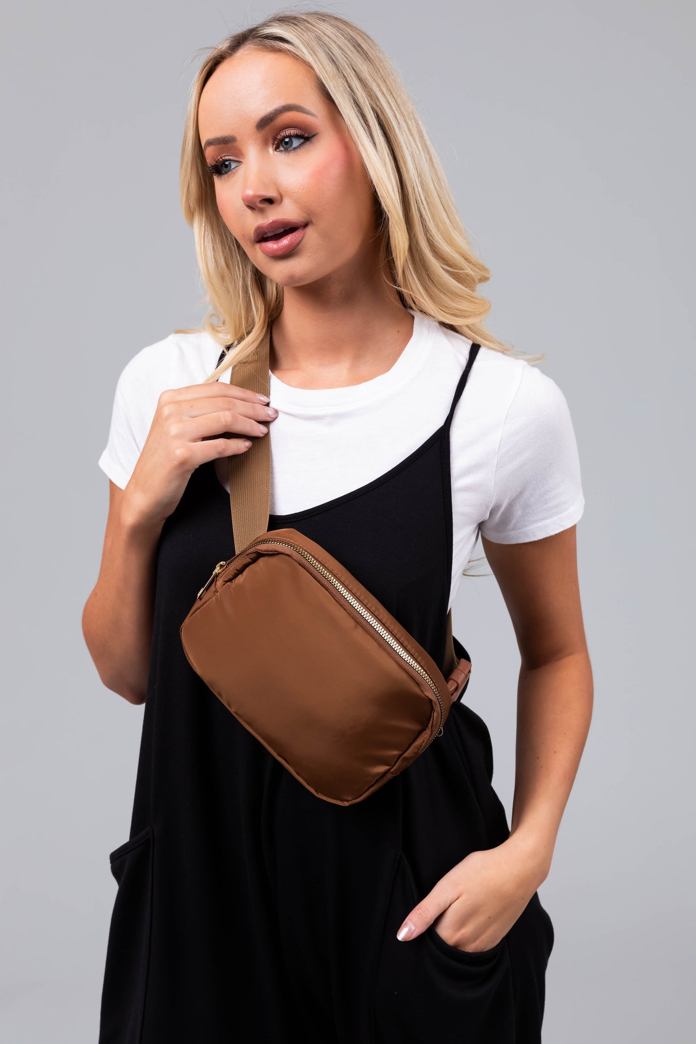Cognac Shiny Zippered Cross Body Bag