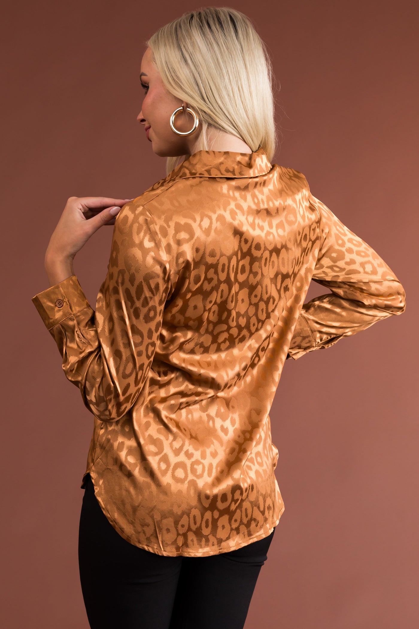 Copper Leopard Jacquard Button Up Satin Blouse