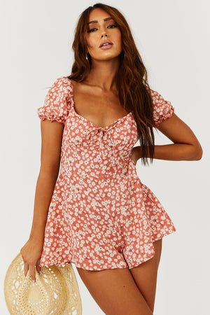 Coral Floral Print Short Sleeve Front Tie Romper