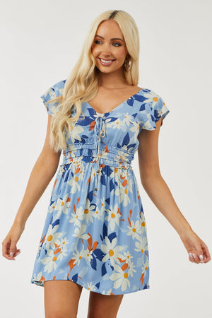 Cornflower Floral Ruffle Sleeve Front Tie Dress