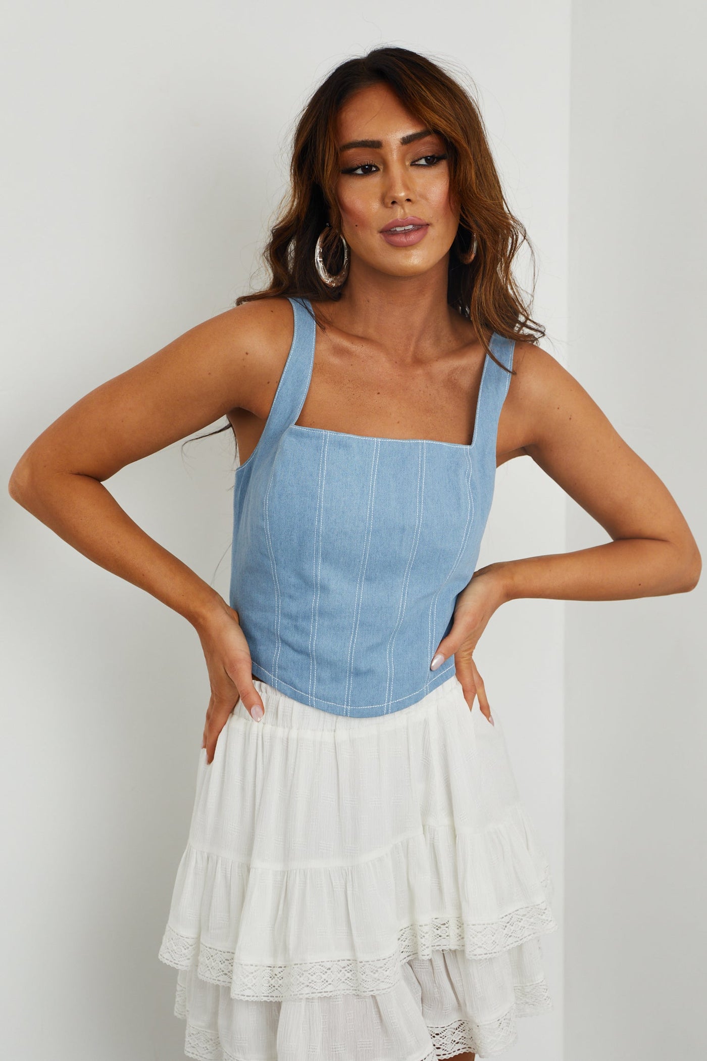 Cornflower Square Neck Denim Bustier Crop Top