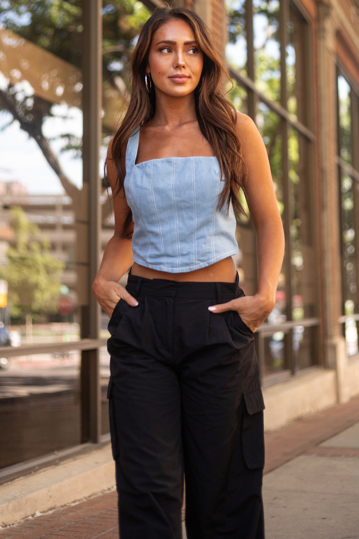 Cornflower Square Neck Denim Bustier Crop Top