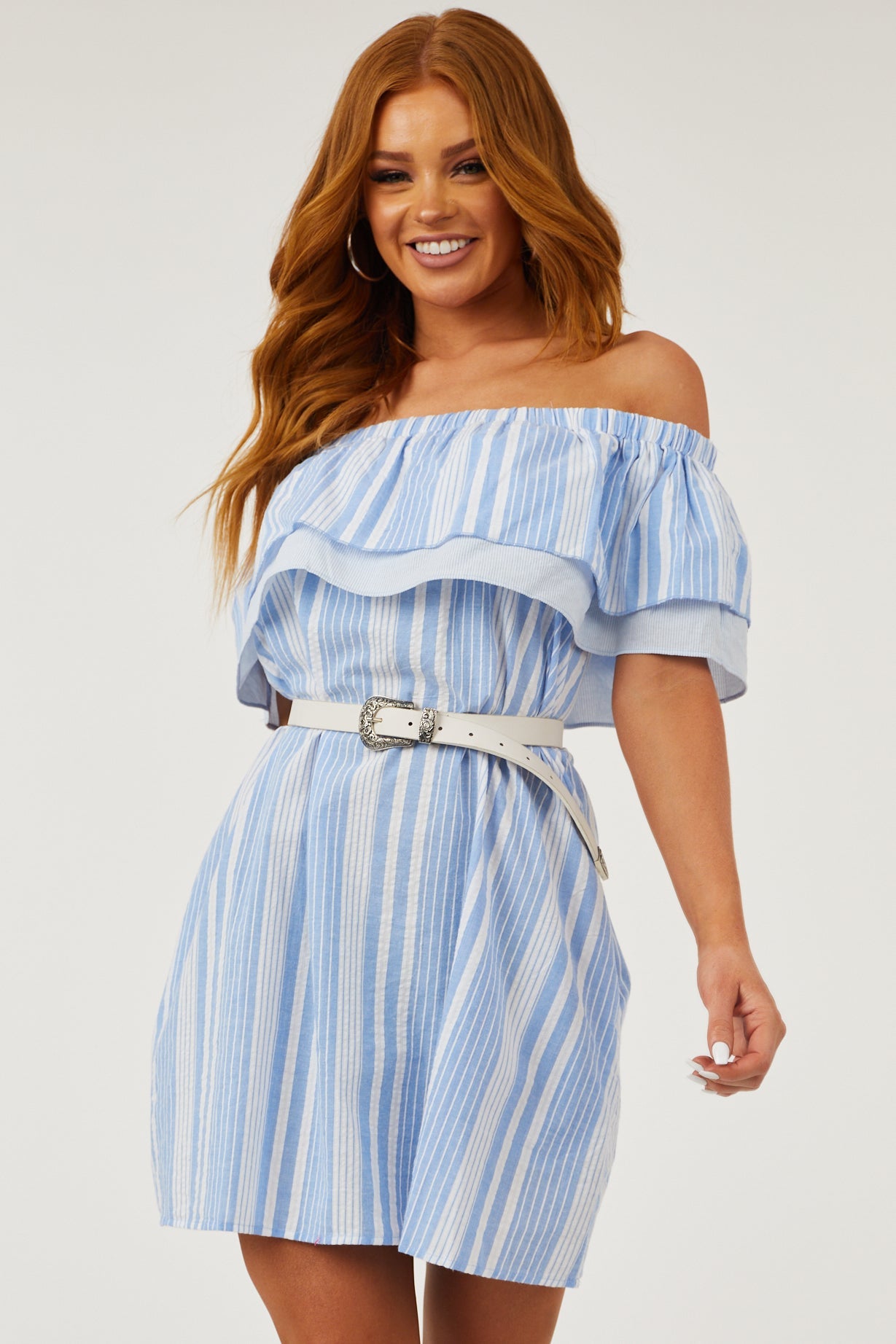 Cornflower Striped Ruffle Off the Shoulder Dress