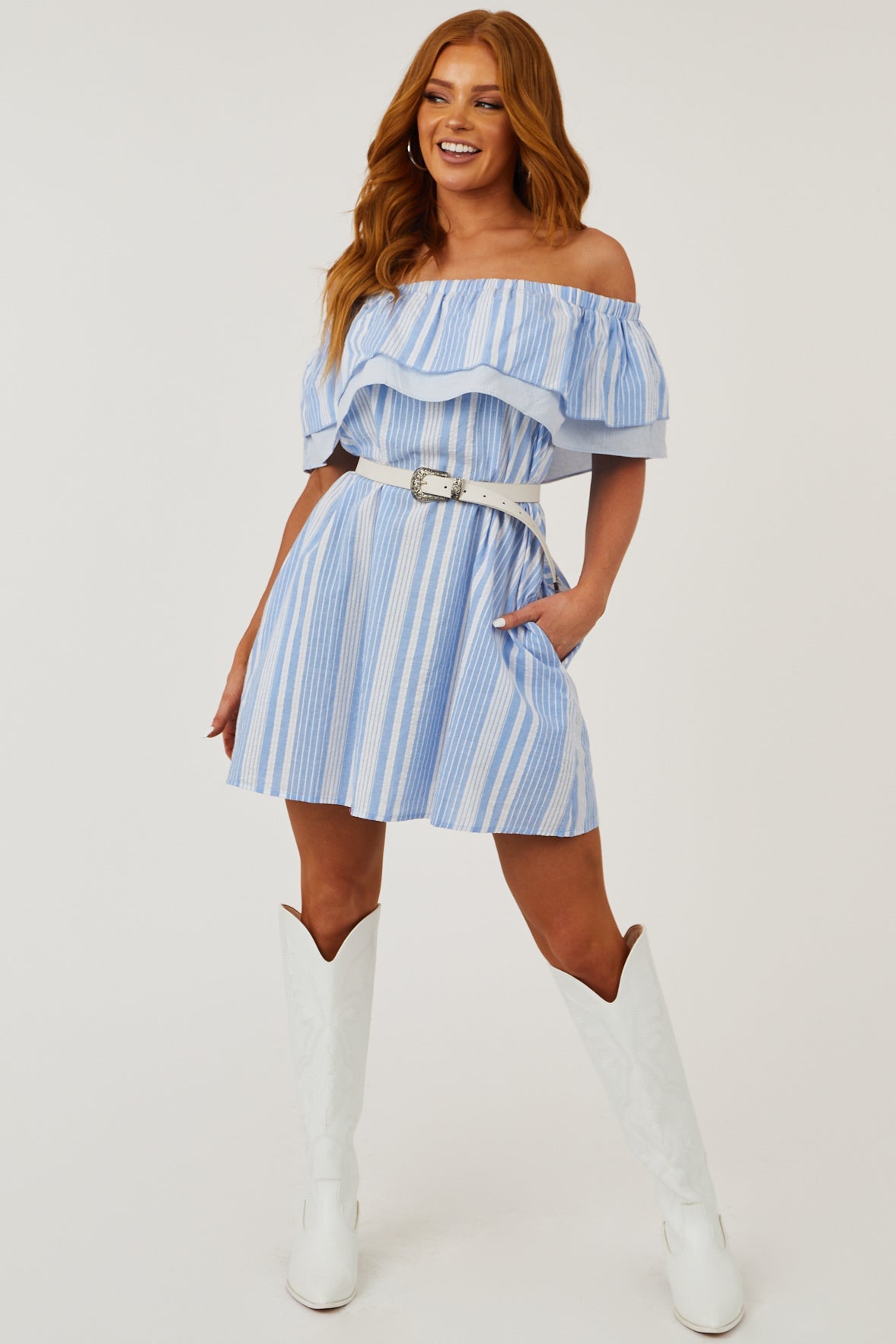 Cornflower Striped Ruffle Off the Shoulder Dress