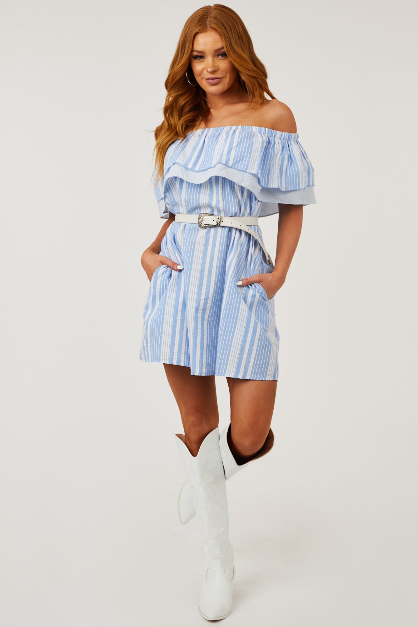 Cornflower Striped Ruffle Off the Shoulder Dress