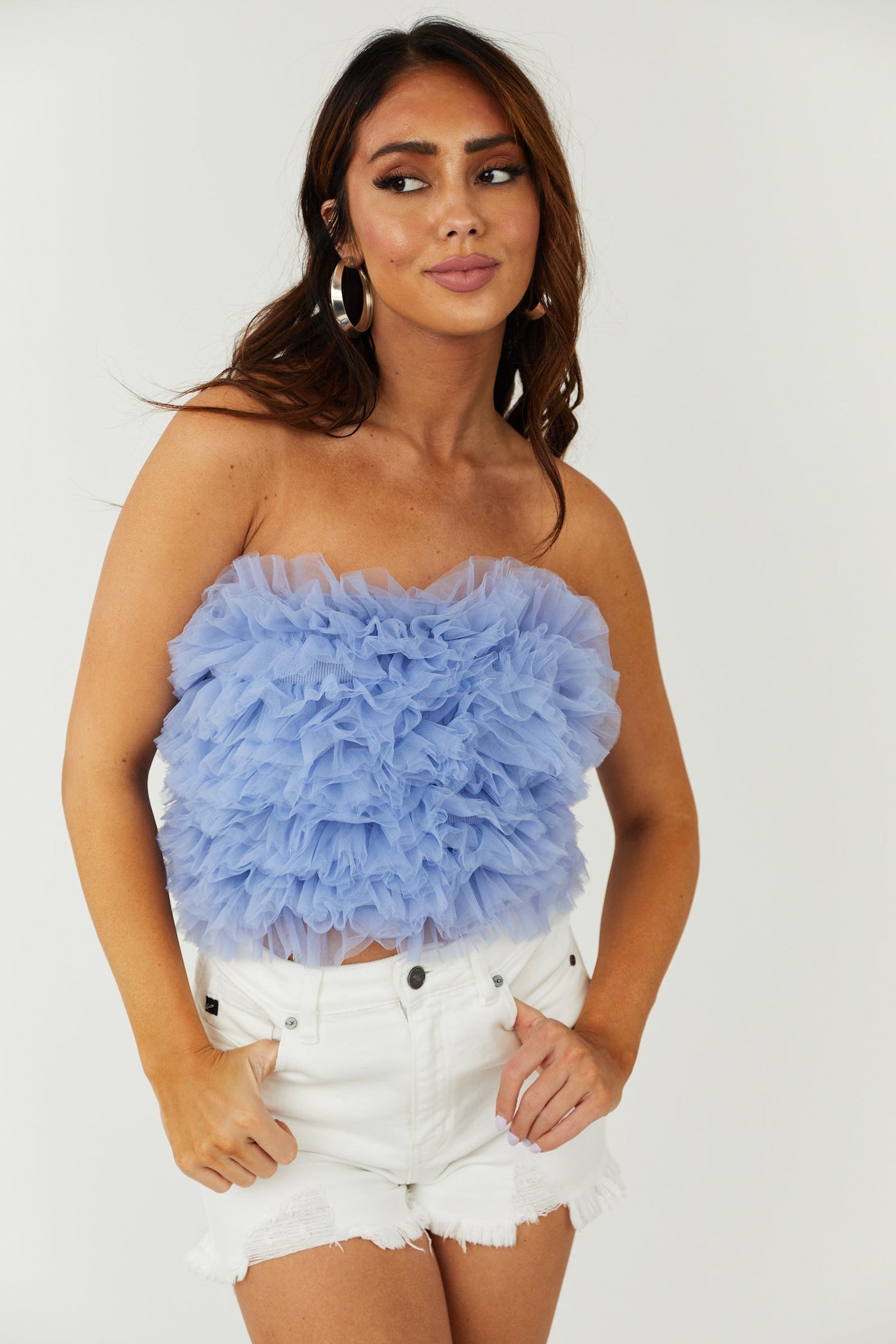 Cornflower Tulle Elastic Strapless Crop Top