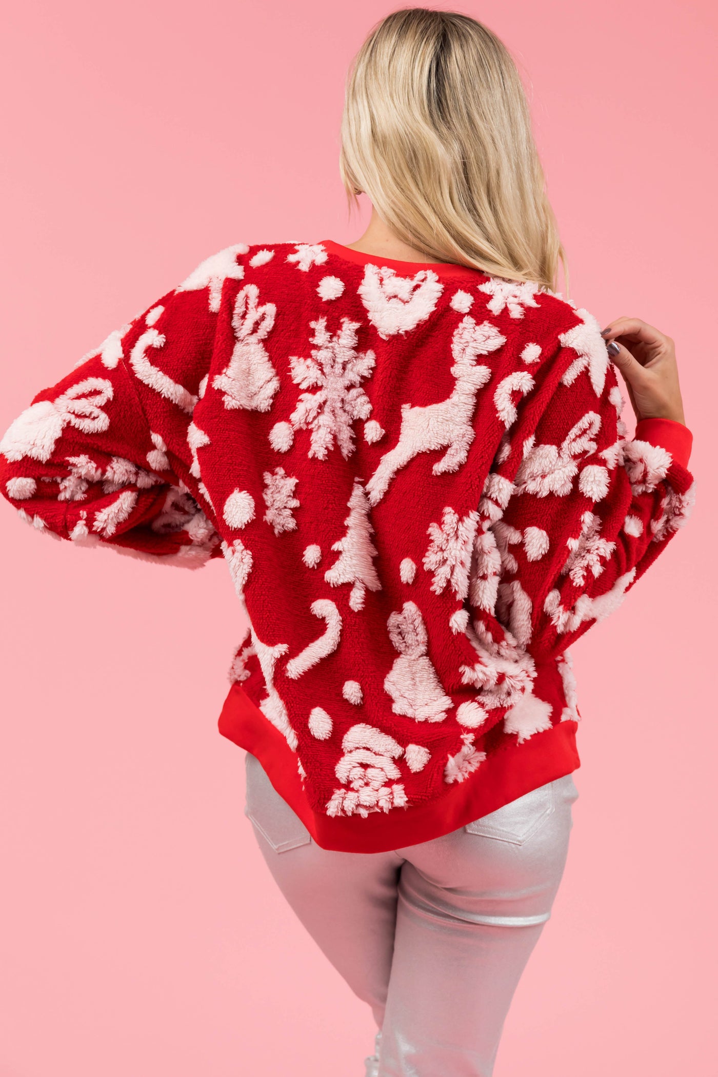 Cranberry Christmas Print Soft Sherpa Pullover