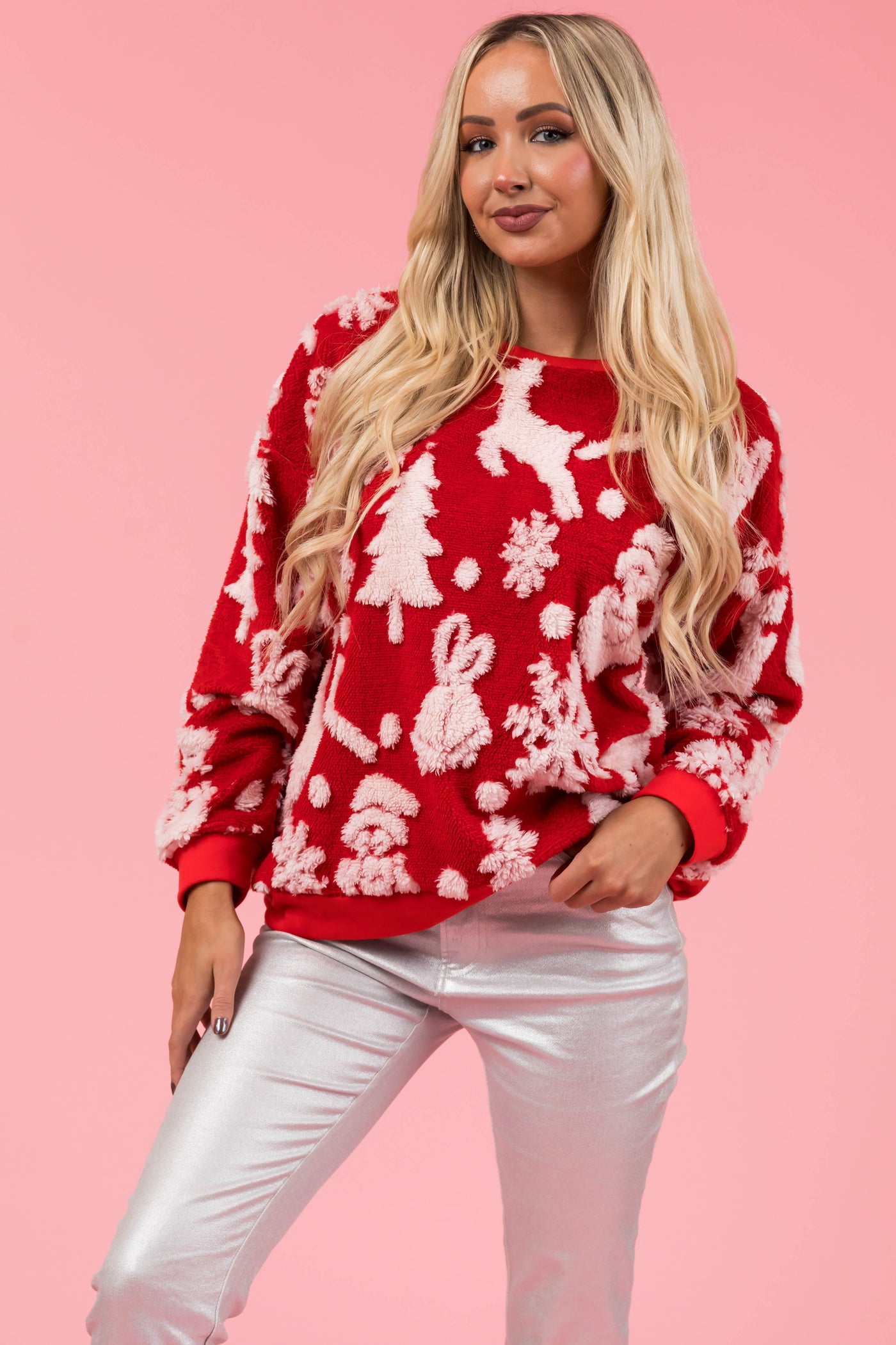 Cranberry Christmas Print Soft Sherpa Pullover