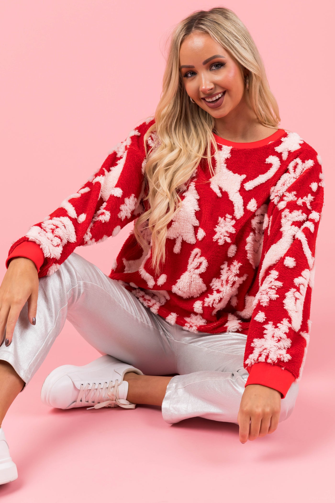 Cranberry Christmas Print Soft Sherpa Pullover