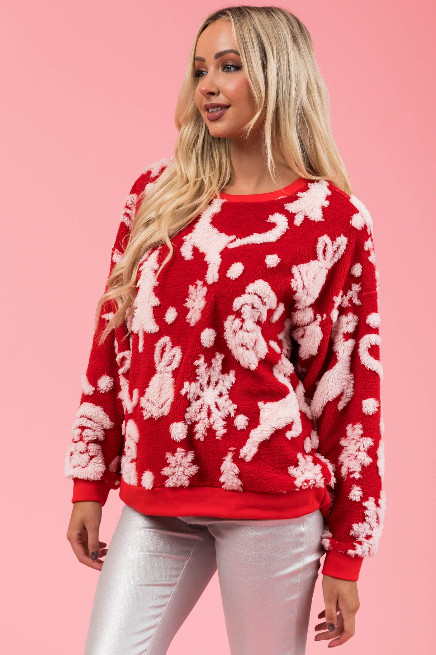 Cranberry Christmas Print Soft Sherpa Pullover