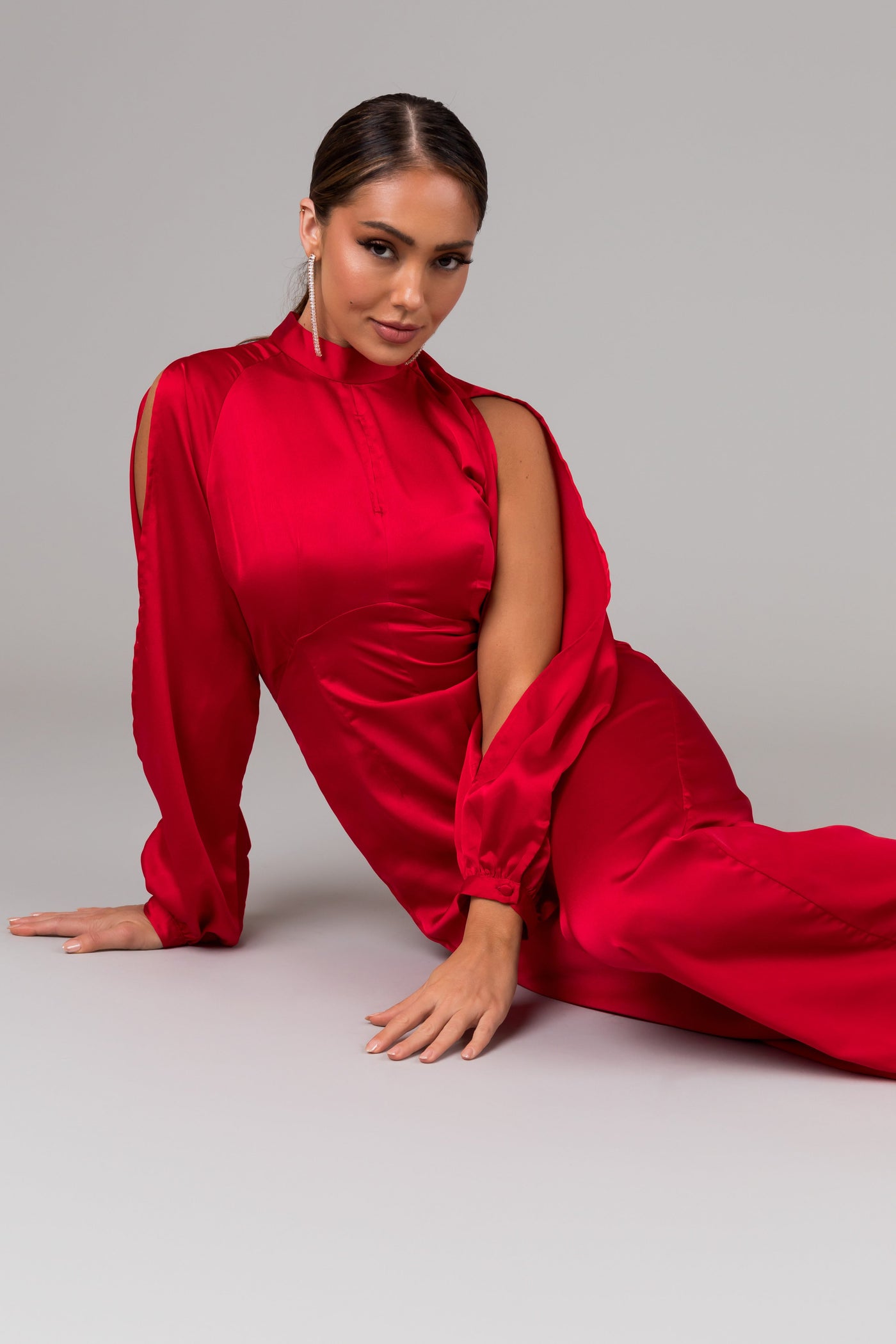 Cranberry Long Sleeves with Slits Jumpsuit