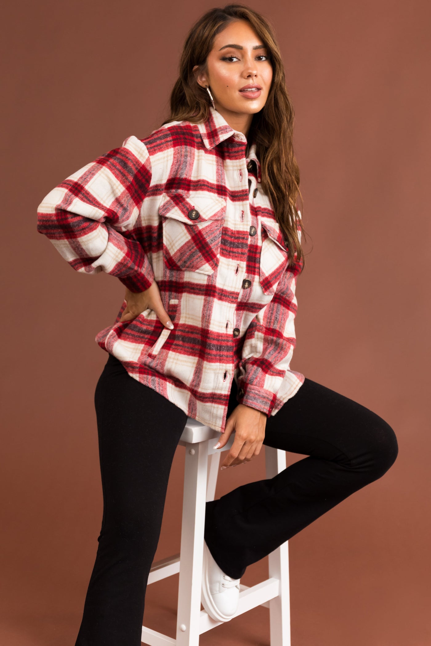Cranberry Plaid Wool Blend Button Down Shacket