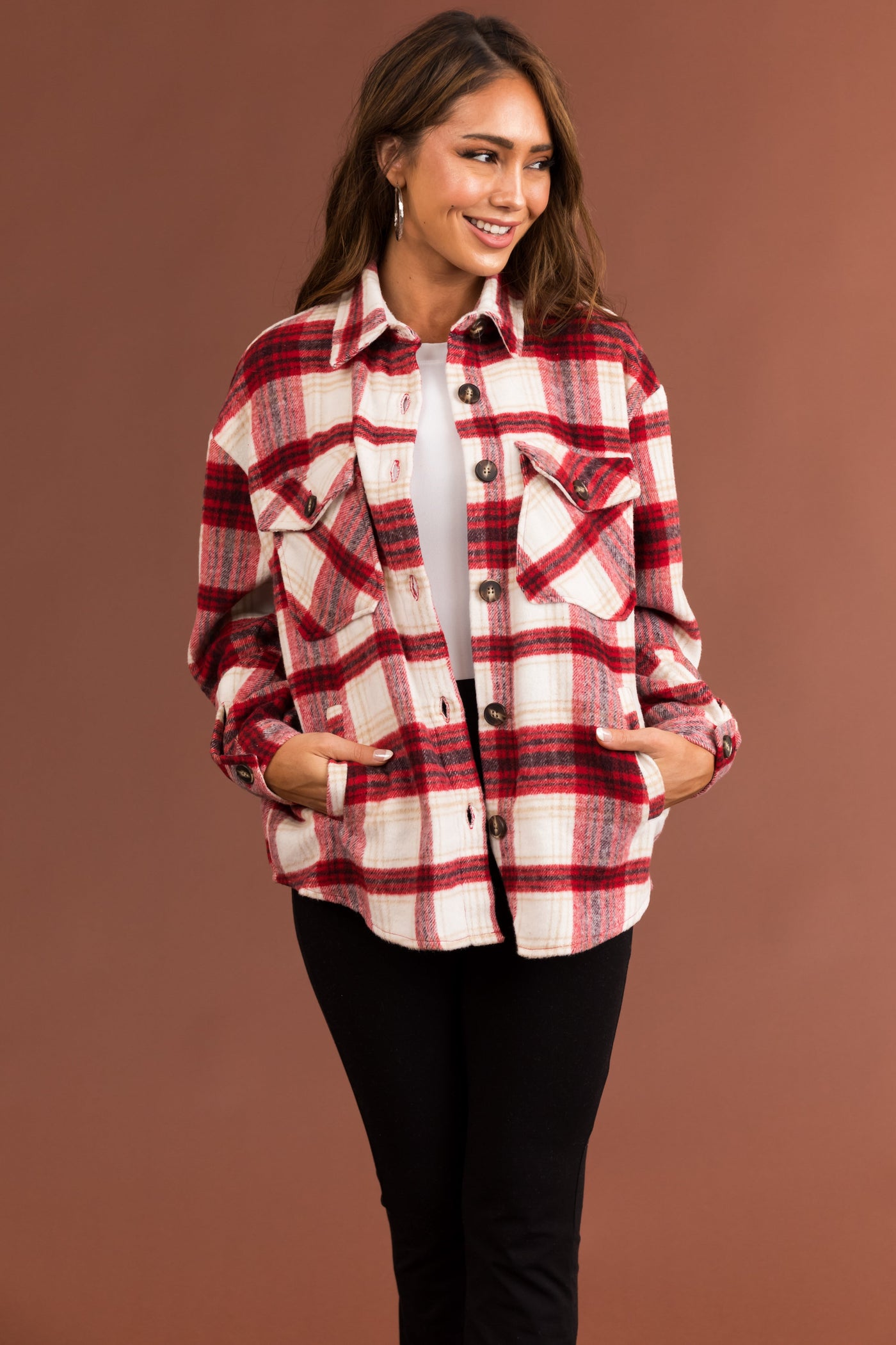 Cranberry Plaid Wool Blend Button Down Shacket