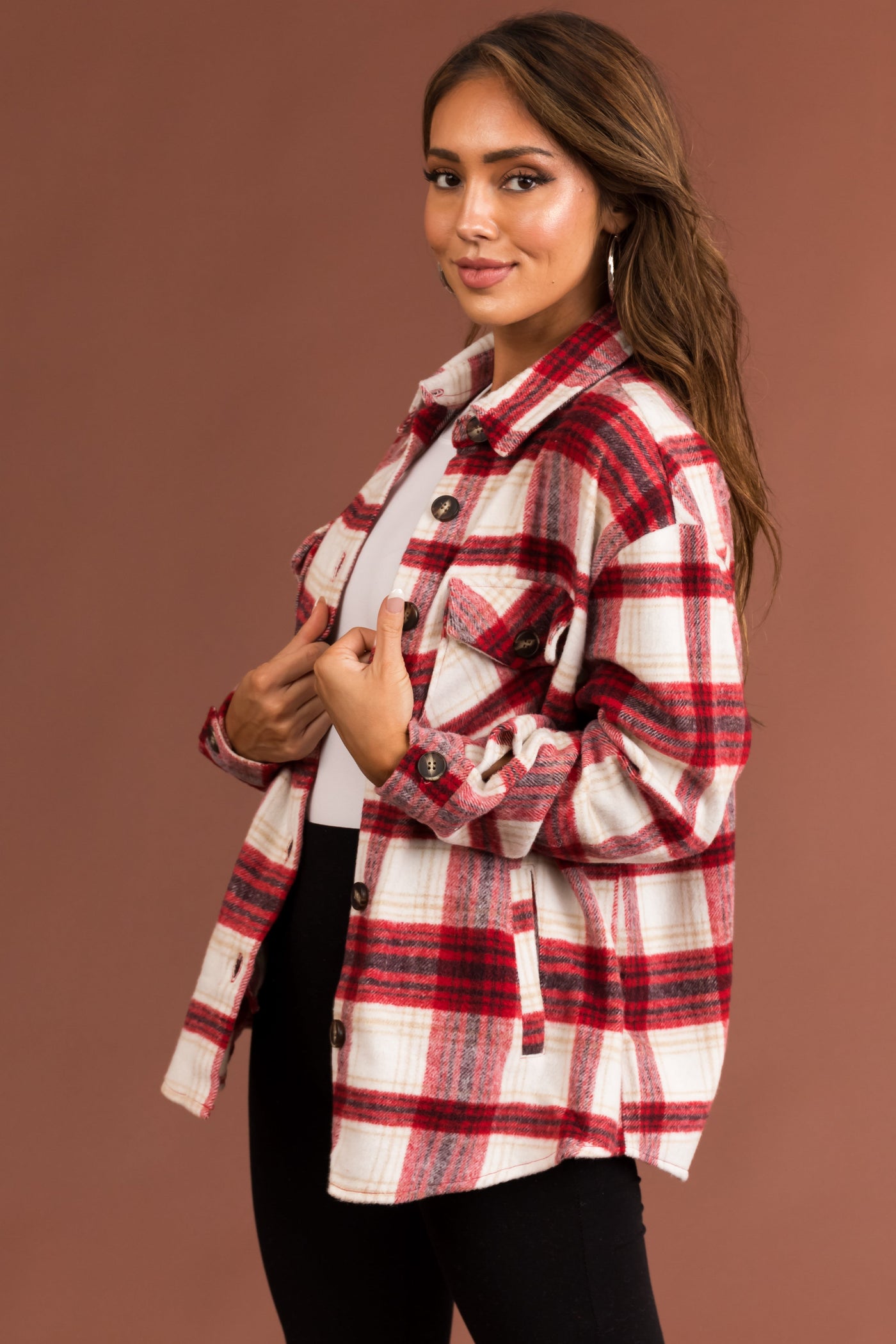 Cranberry Plaid Wool Blend Button Down Shacket