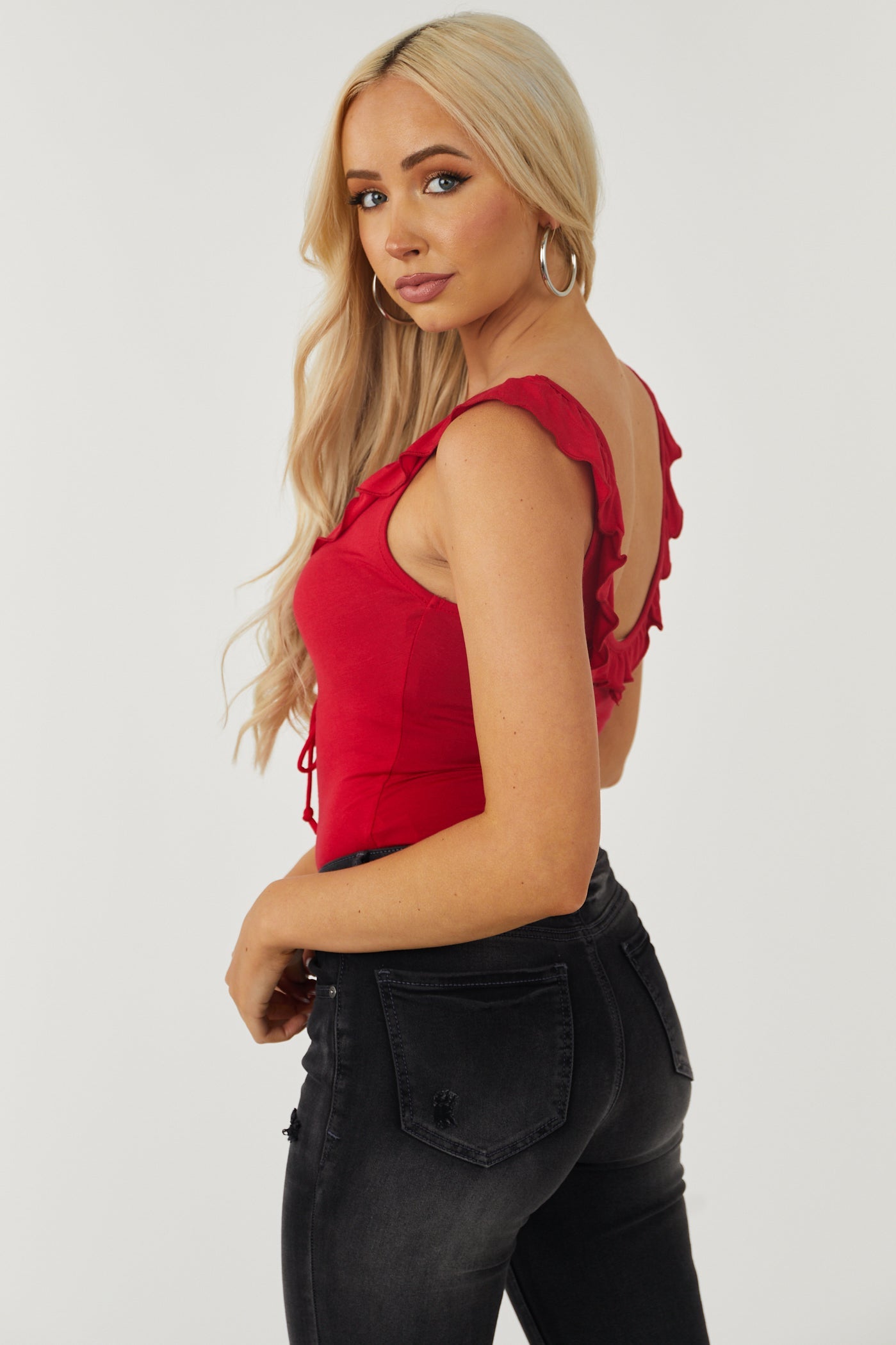 Cranberry Sleeveless Ruffle Detail Bodysuit