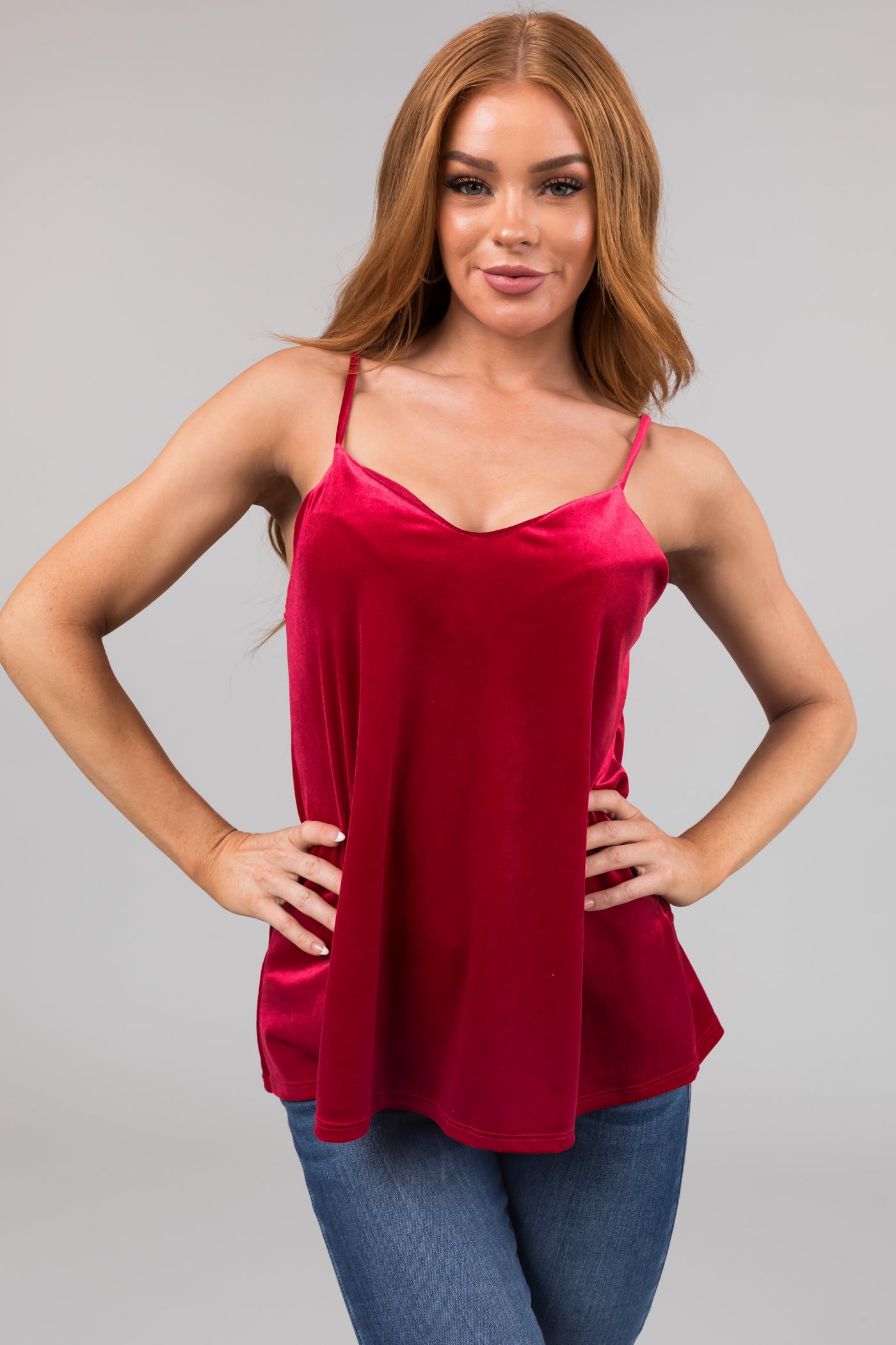 Cranberry V Neck Velvet Swing Cami
