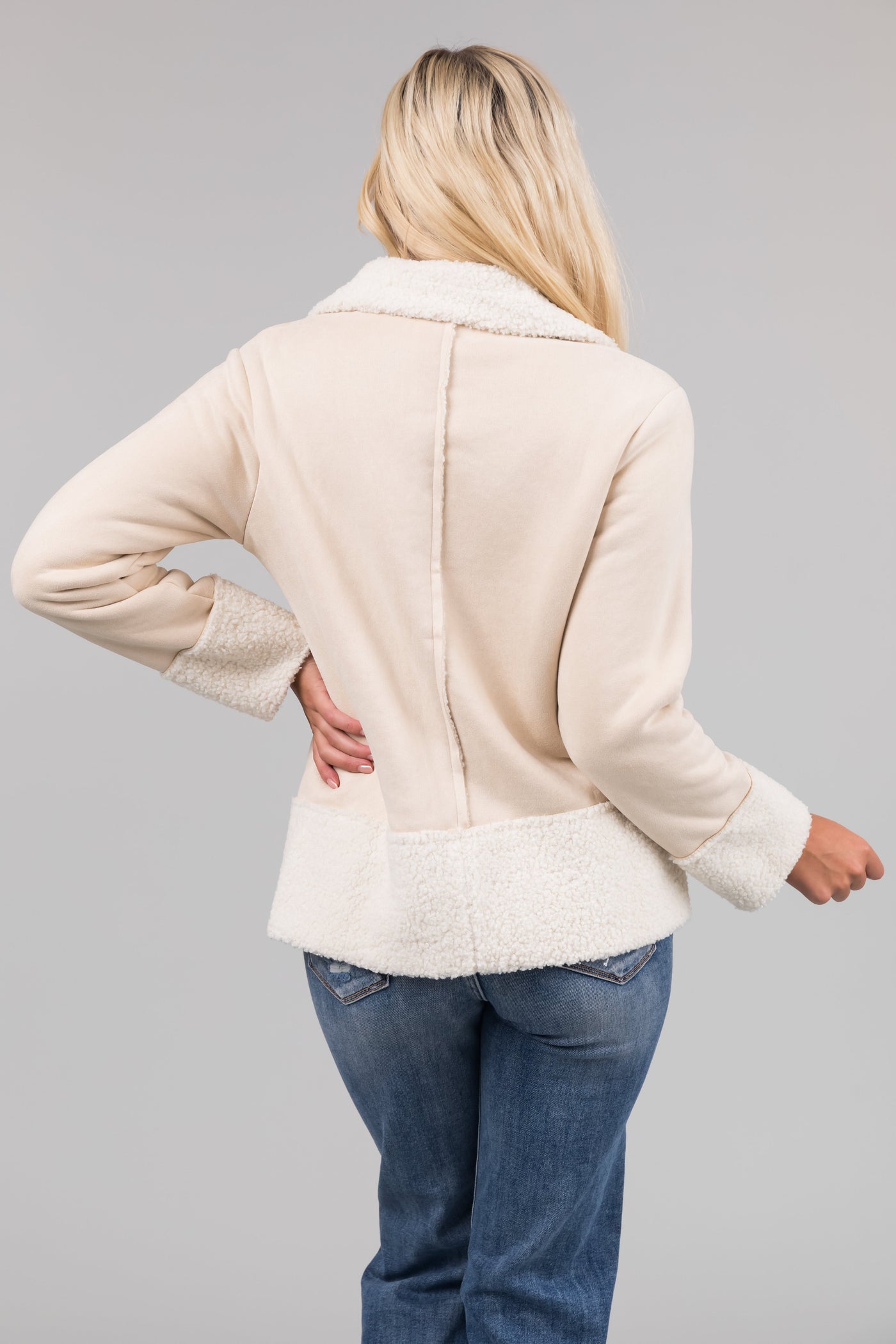 Cream  Faux Wool and Suede Button Up Jacket