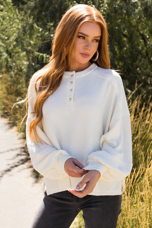 Cream Bubble Sleeve Ribbed Henley Sweater