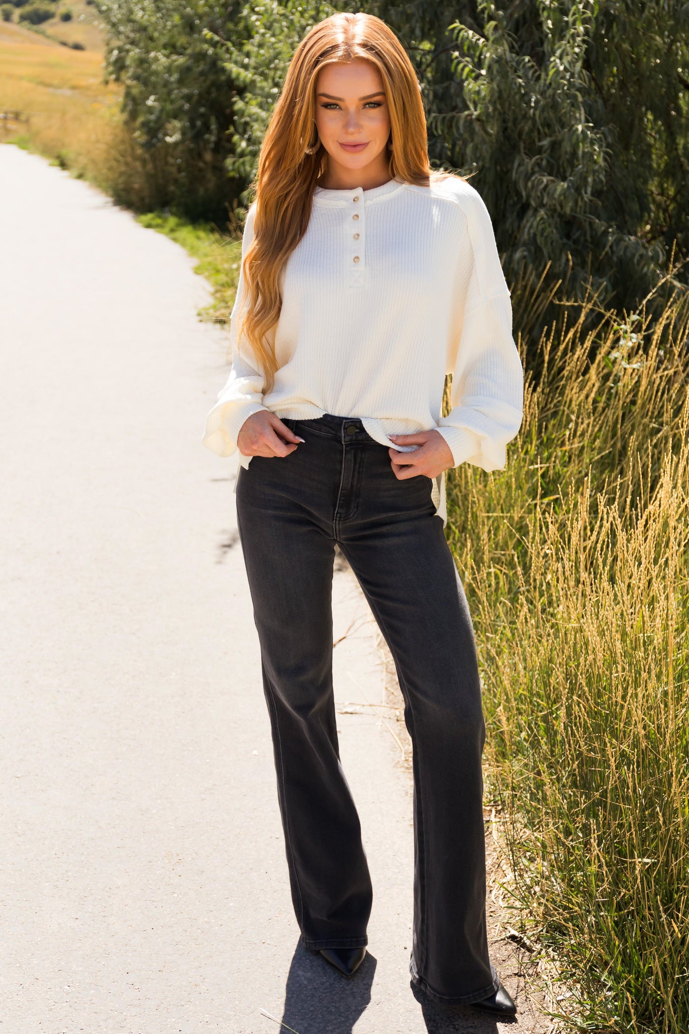 Cream Bubble Sleeve Ribbed Henley Sweater