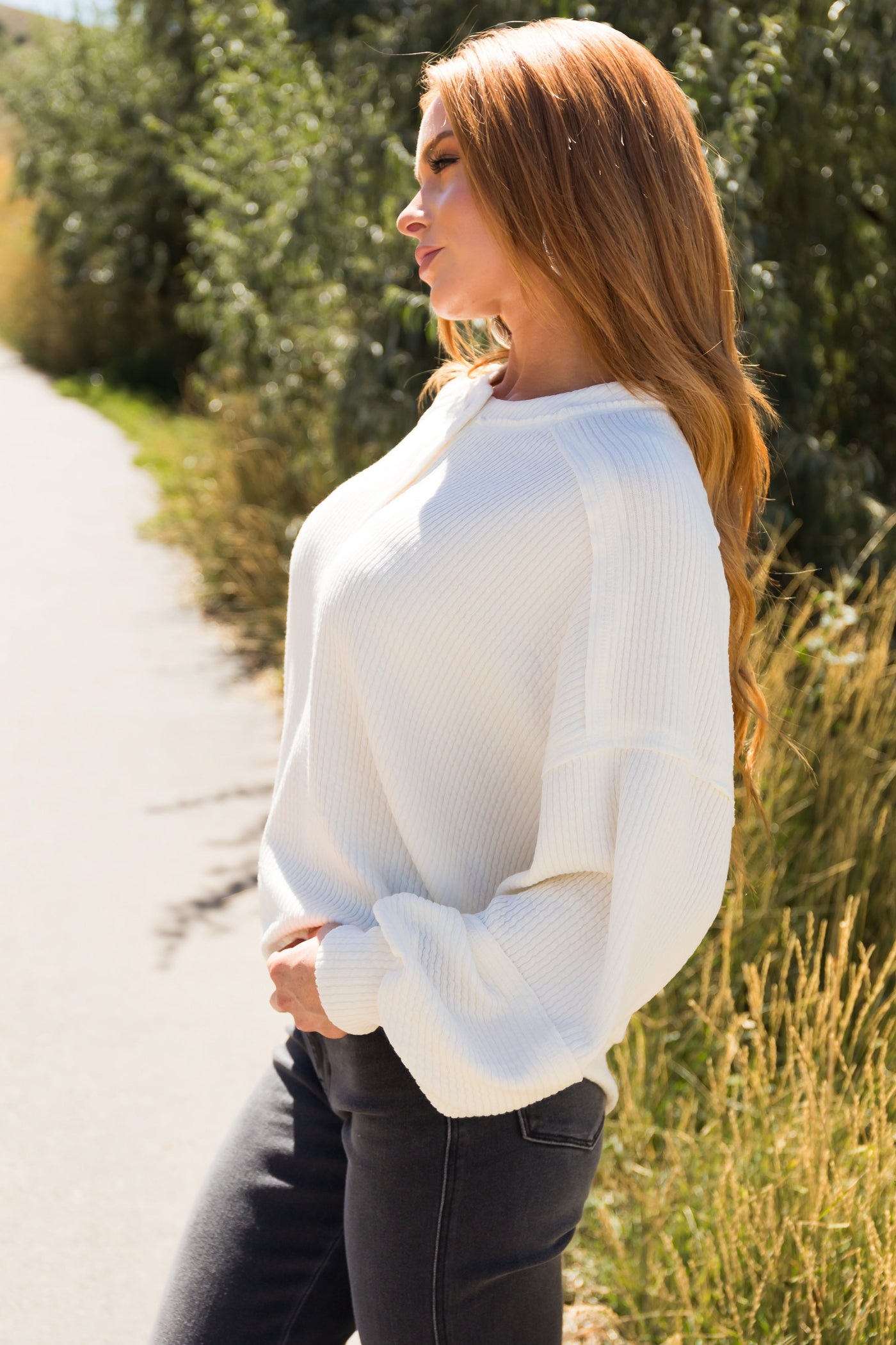 Cream Bubble Sleeve Ribbed Henley Sweater