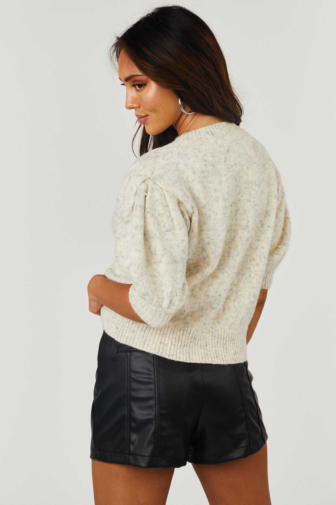 Cream Cable Knit Pearl Studded Short Sleeve Sweater