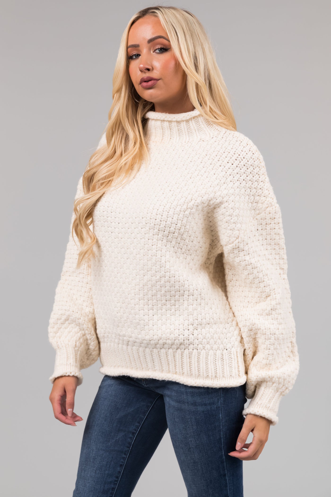 Cream Chunky Knit Mock Neck Cozy Sweater