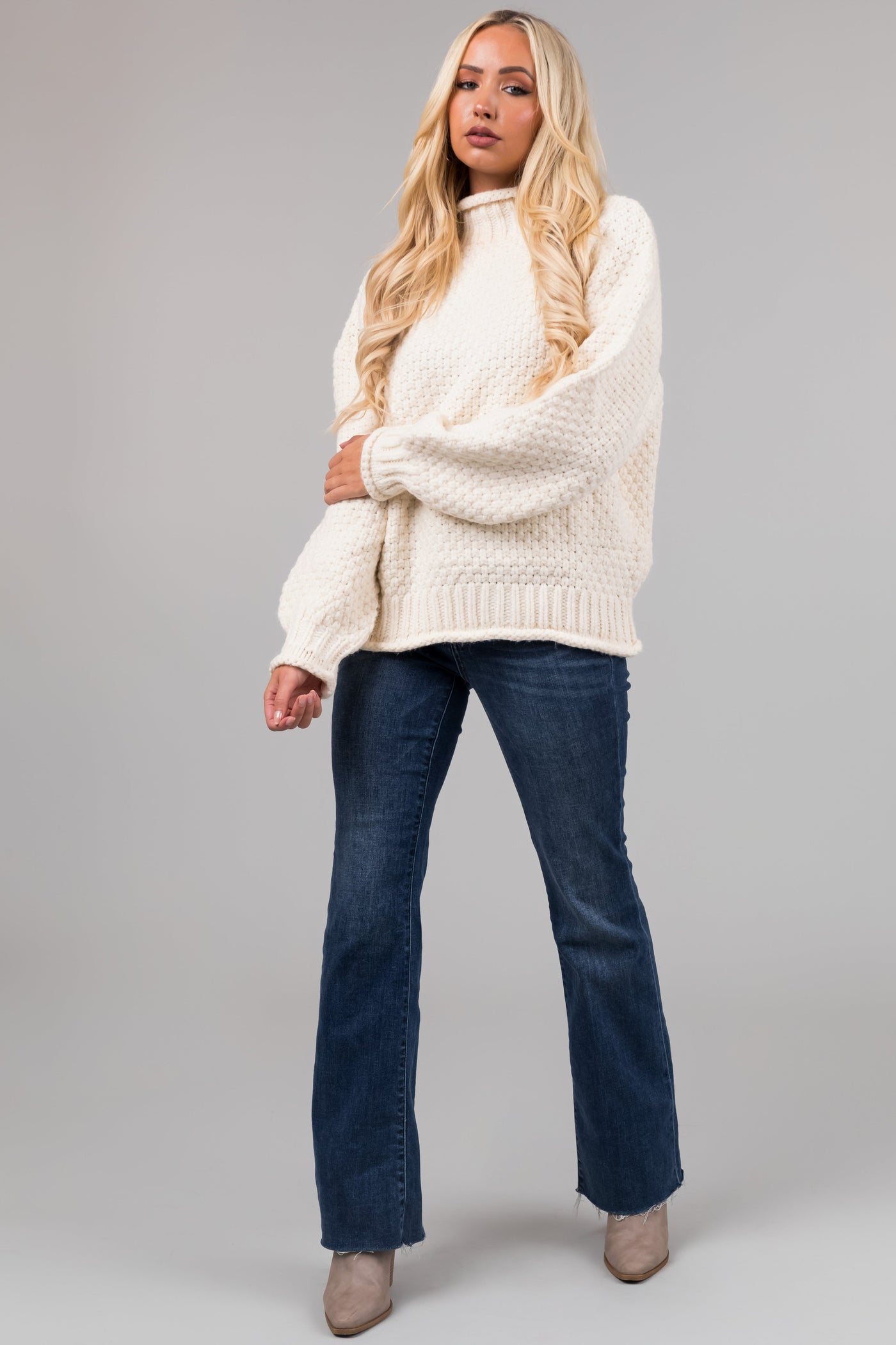 Cream Chunky Knit Mock Neck Cozy Sweater