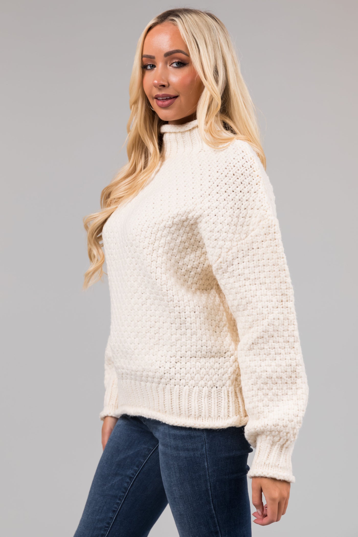 Cream Chunky Knit Mock Neck Cozy Sweater