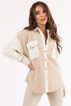 Cream Colorblock Houndstooth Corduroy Shacket
