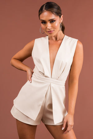 Cream Deep V Neck Open Back Sleeveless Romper