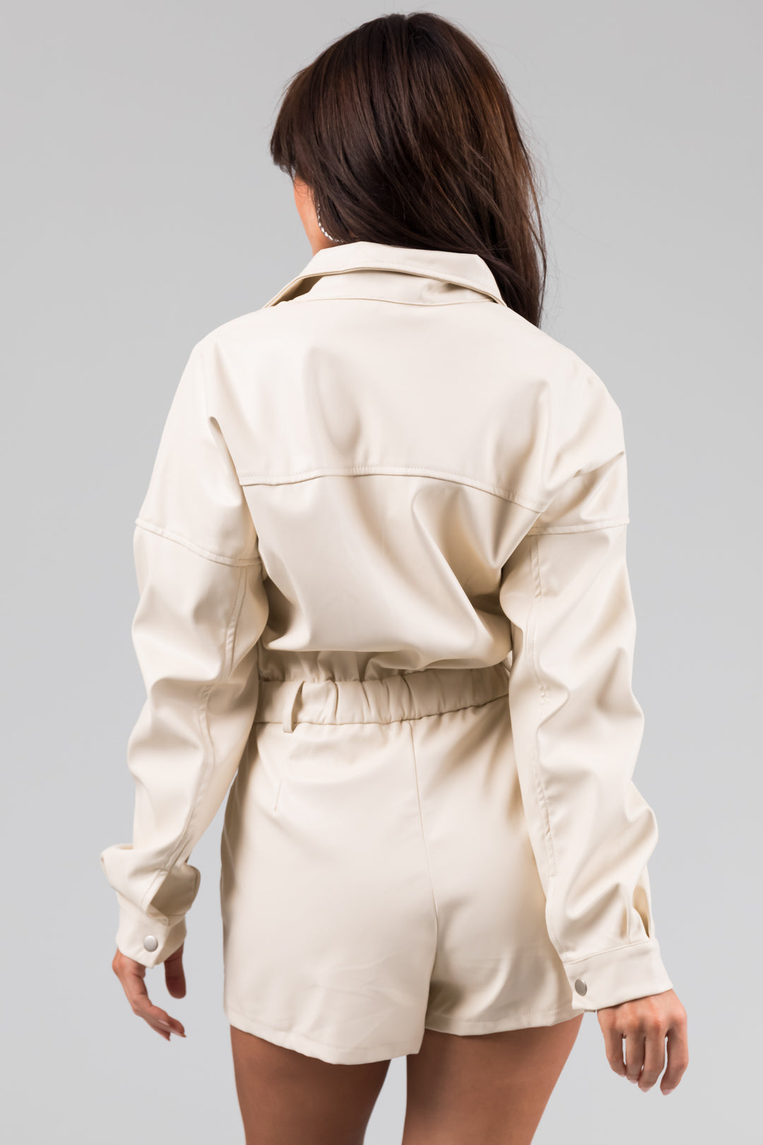Cream Faux Leather Buttoned Long Sleeve Romper