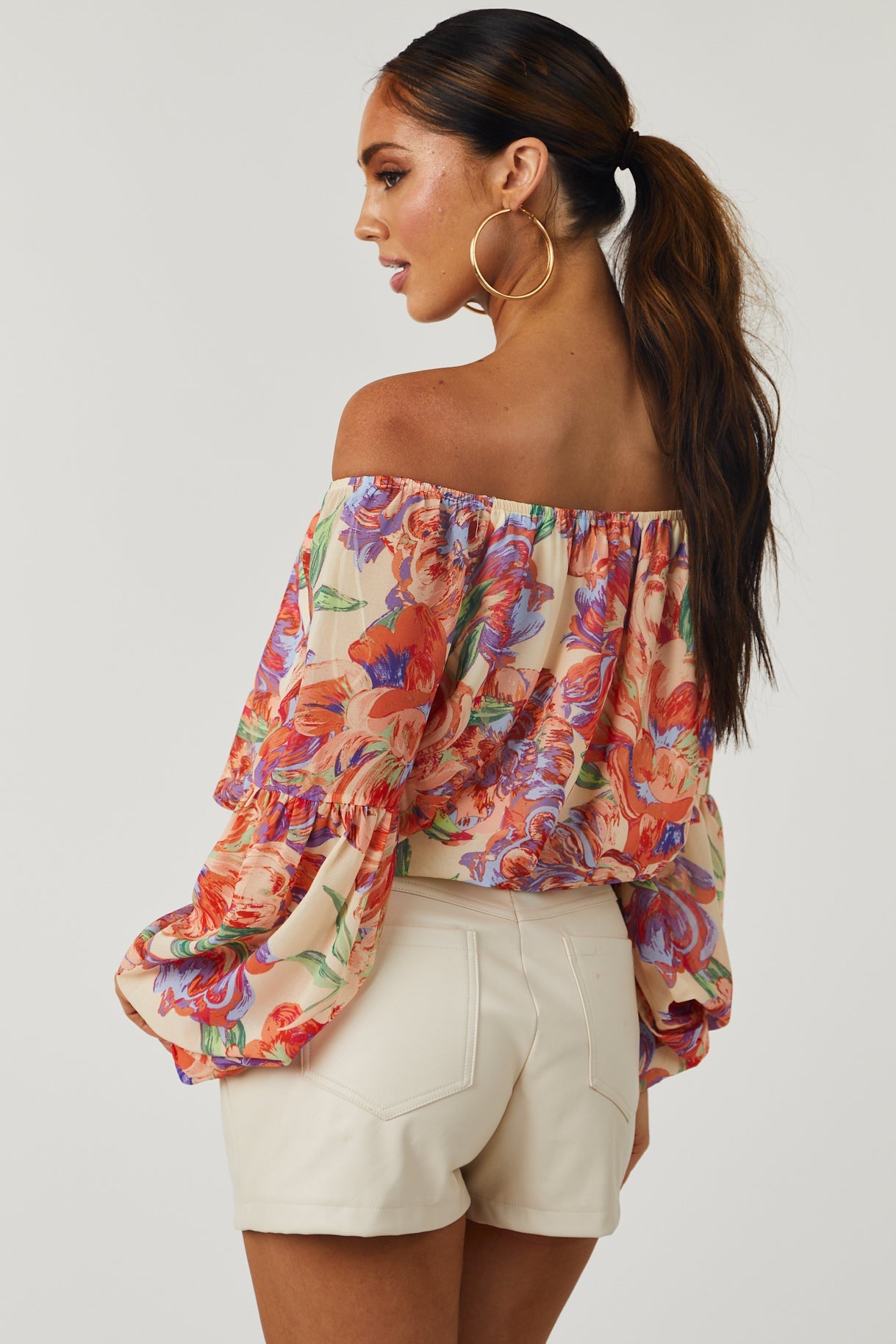 Cream Floral Print Off Shoulder Woven Top