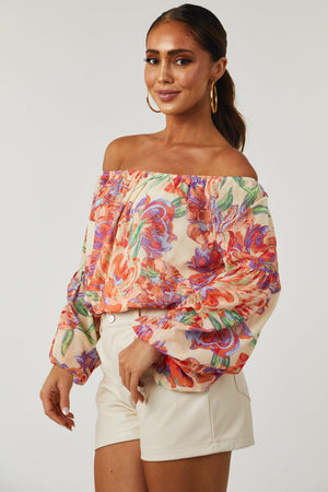 Cream Floral Print Off Shoulder Woven Top