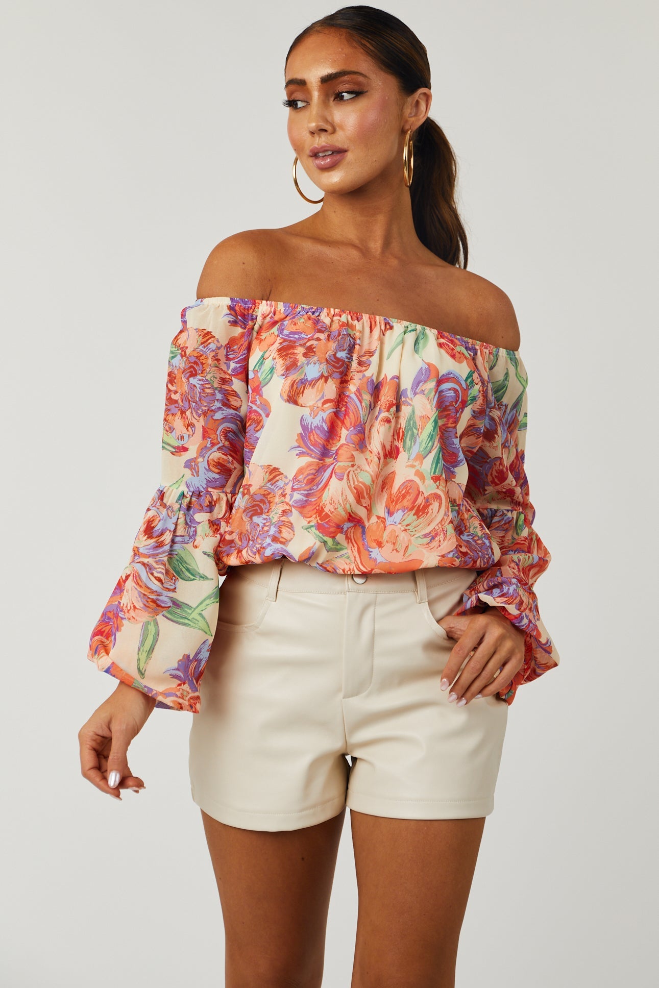 Cream Floral Print Off Shoulder Woven Top