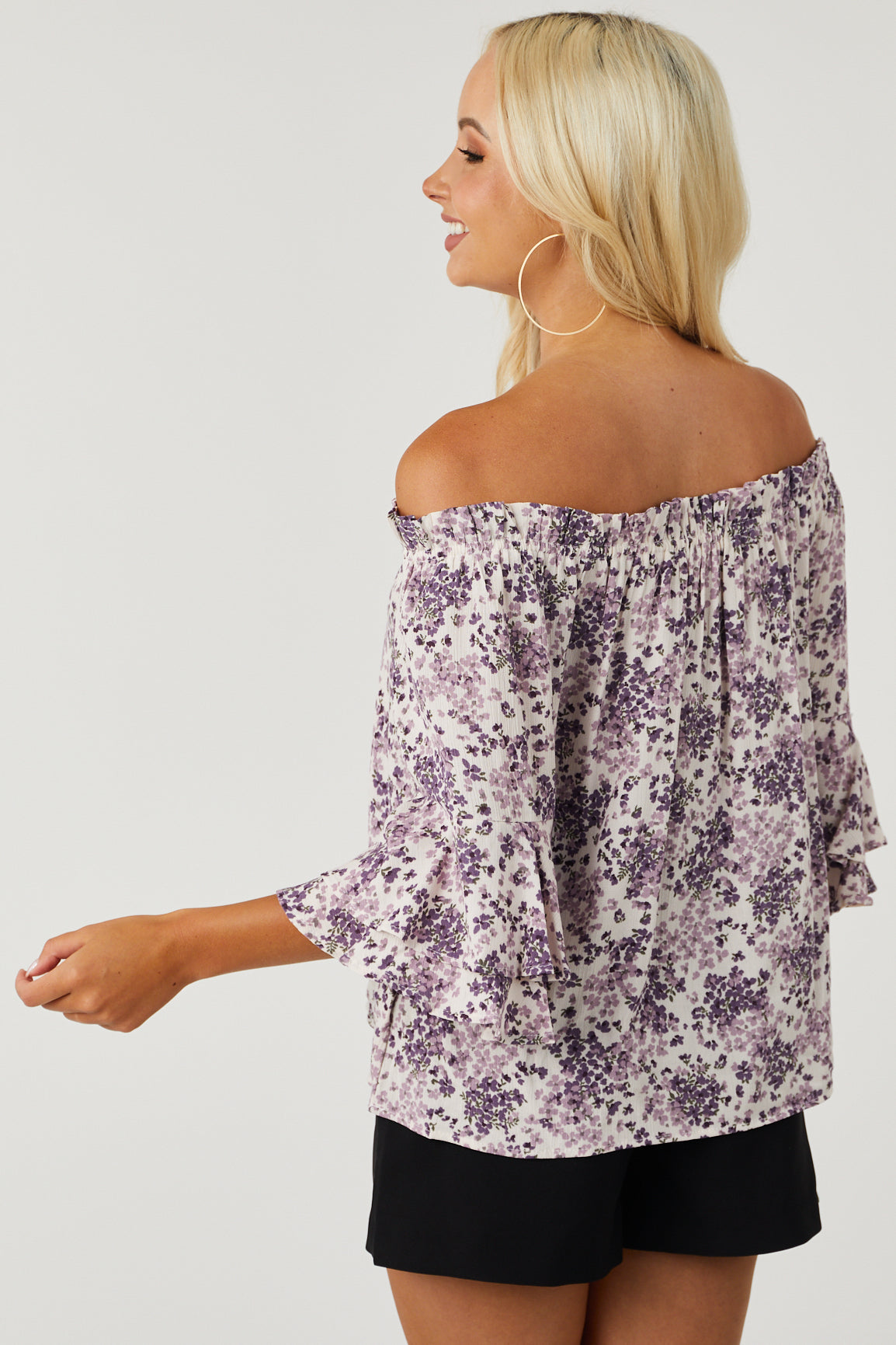 Cream Floral Print Tiered Ruffle Sleeve Top